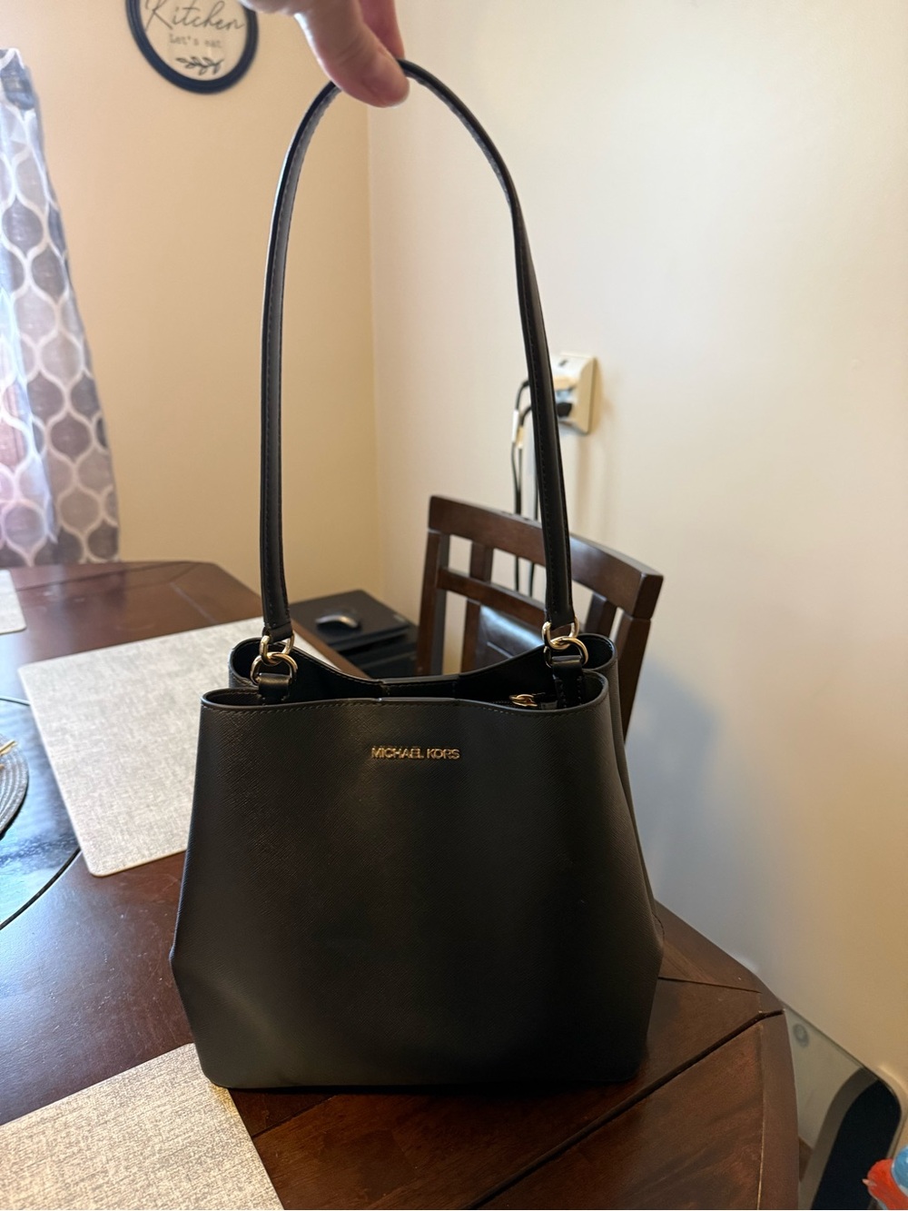 Michael Kors Black Leather Shoulder Tote with Gold Hardware